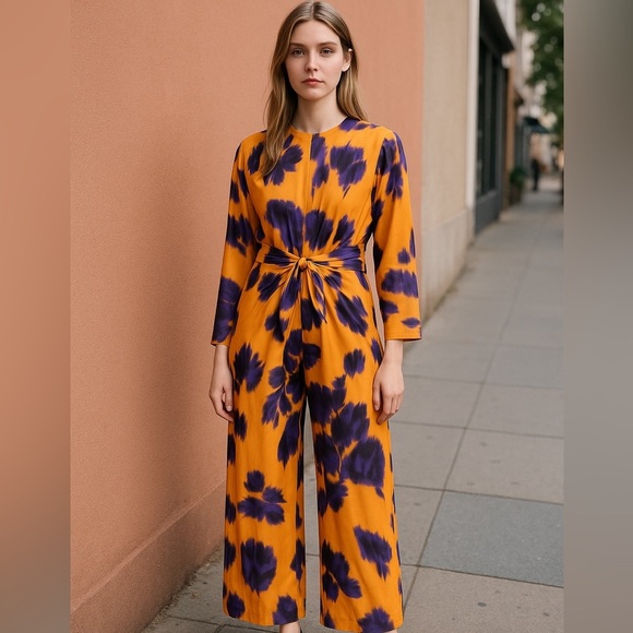 Bold Orange Purple Print Dress 90s Vibe Statement - Size S - Picture 1 of 12